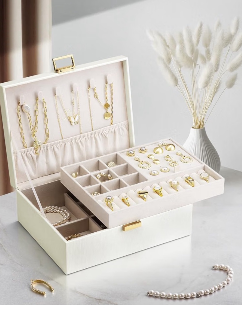 Cream Jewelry Box with Gold Accents